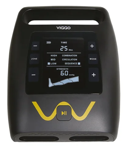 Display e unita di controllo del dispositivo di pressoterapia Wepere VIGGO con schermo digitale acceso, timer, pressione in mmHg e pulsanti di regolazione.